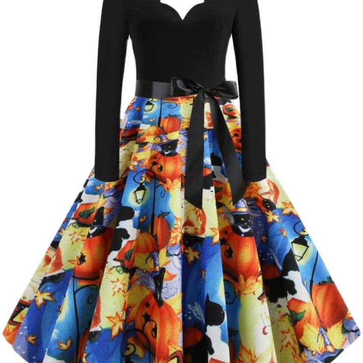 Damen Retro Swingkleid mit gewelltem Ausschnitt, langen Ärmeln und Halloween-Print Tellerrock Drune