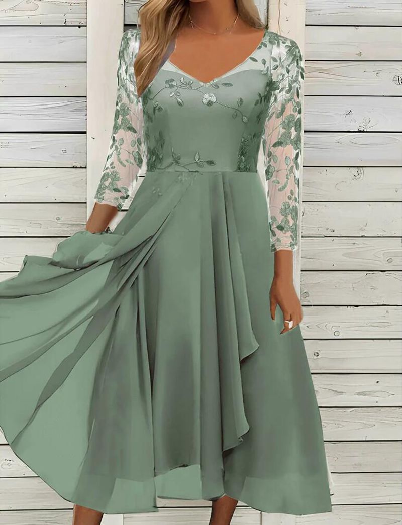 Damen nan elegantes Midikleid mit besticktem Tülloberteil, transparenten Dreiviertelärmeln und mehrlagigem Drapé-Rock Drune