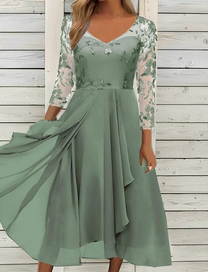 Damen nan elegantes Midikleid mit besticktem Tülloberteil, transparenten Dreiviertelärmeln und mehrlagigem Drapé-Rock Drune