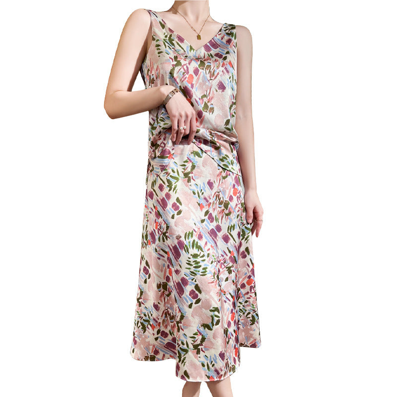Damen Satin-Midirock mit abstraktem Aquarell-Blumenprint und hohem Bund Drune