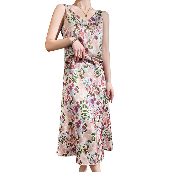 Damen Satin-Midirock mit abstraktem Aquarell-Blumenprint und hohem Bund Drune