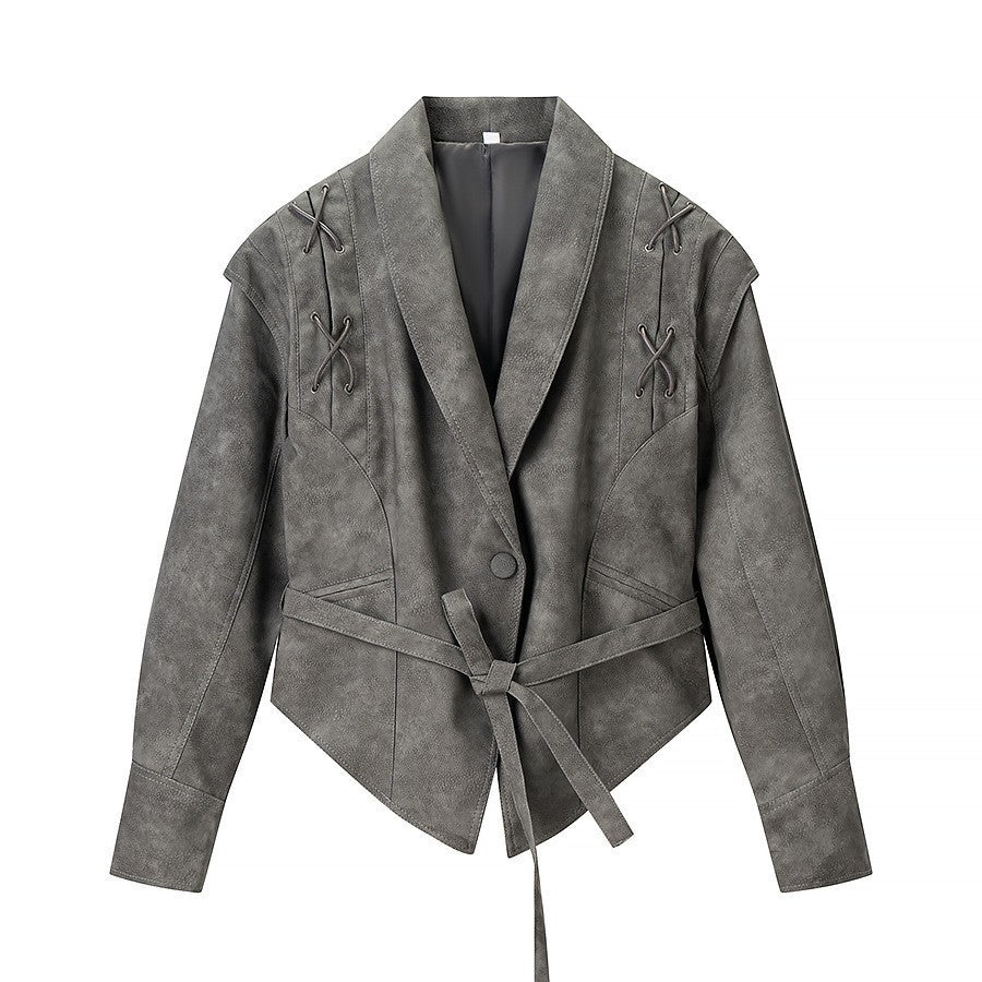 Damen Kurzjacke aus Veloursoptik mit Wickelgürtel und Schnürdetail Drune