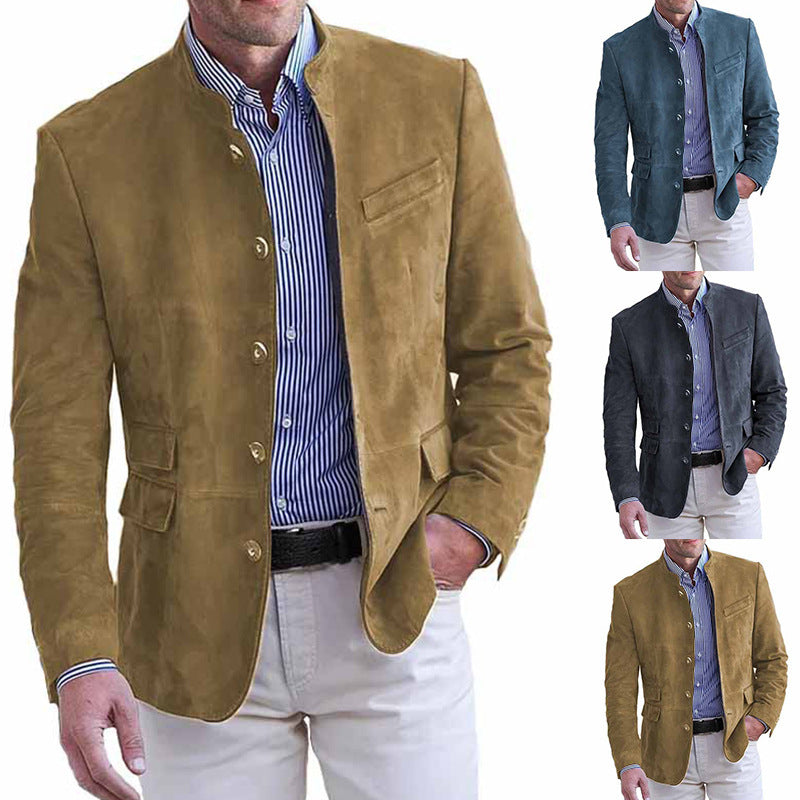 Herren Veloursleder Blazer mit Stehkragen und Pattentaschen Drune
