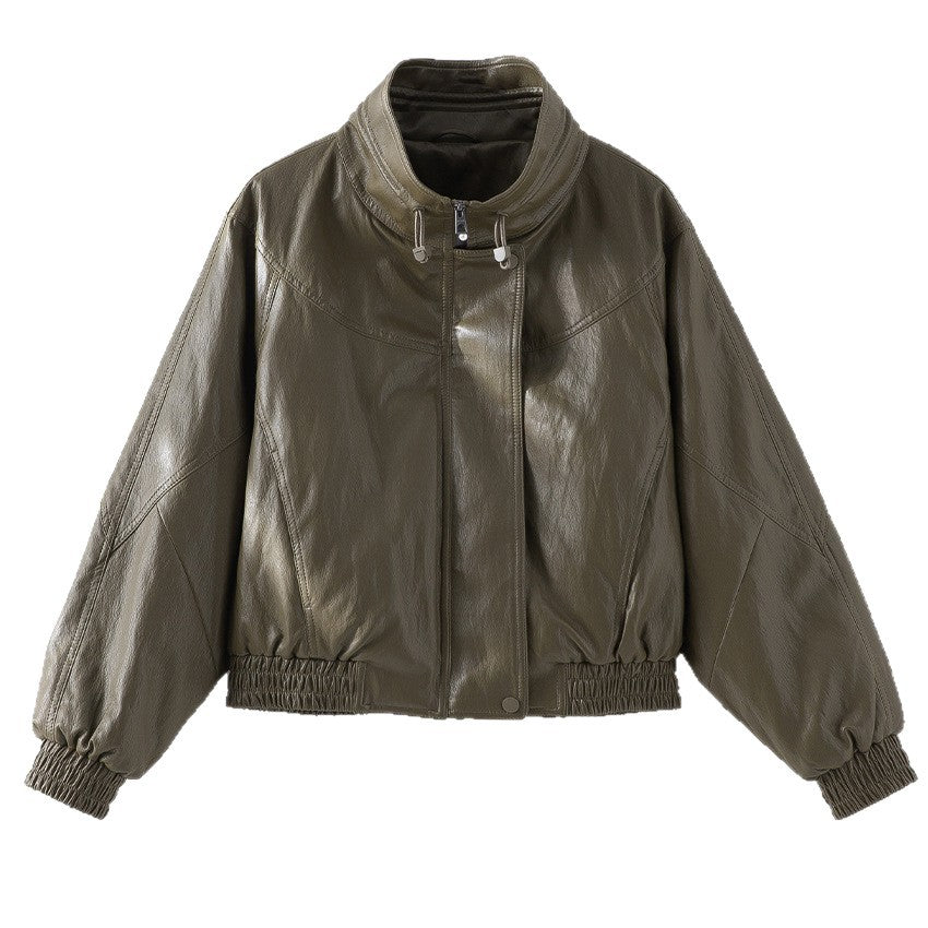 Damen Oversized Lederimitat-Bomberjacke mit Stehkragen und elastischem Saum Drune