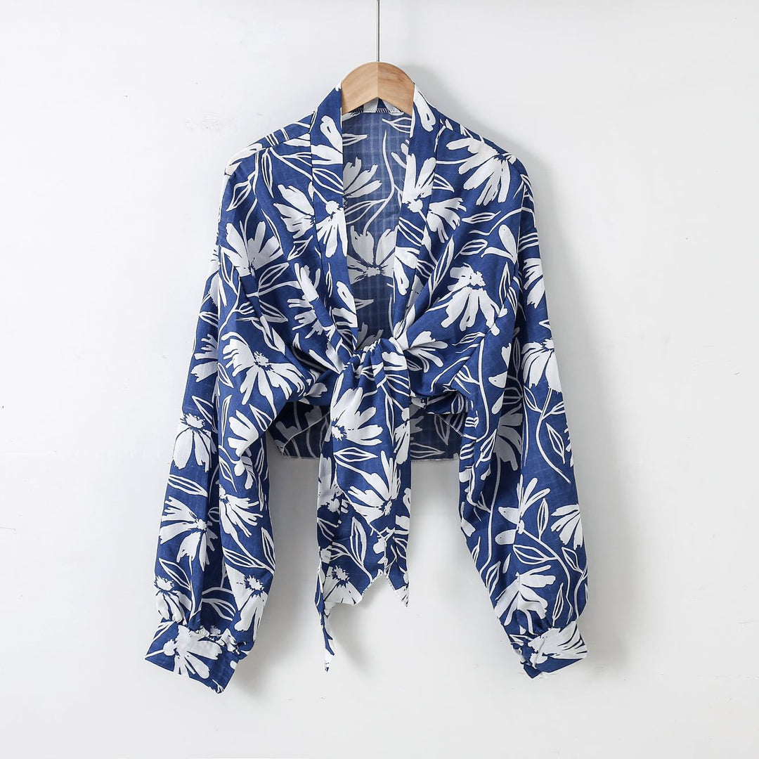 Damen nan florale Knoten-Bluse im Wickelstil mit Ballonärmeln und leichter Leinenoptik Drune