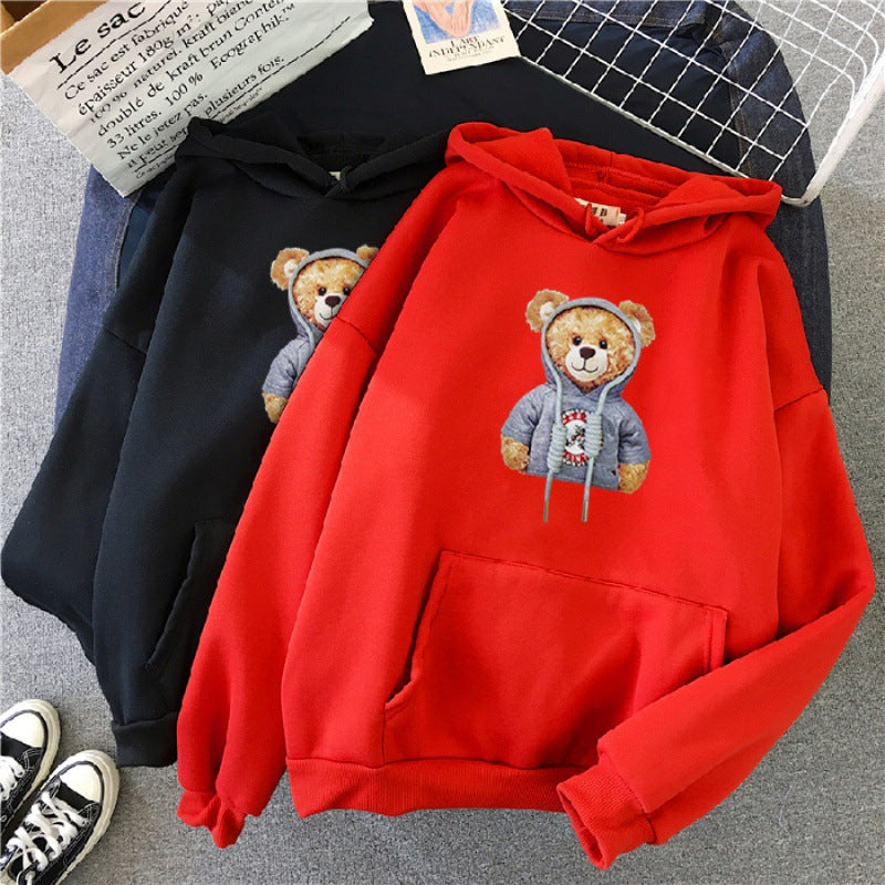 Unisex nan lässiger Oversize Kapuzenpullover mit Teddy-Frontprint, Kängurutasche und weichem Fleece-Innenfutter Drune