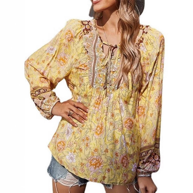 Damen Boho-Bluse mit floralem Print, V‑Ausschnitt mit Bindeband und Plissée-Details Drune