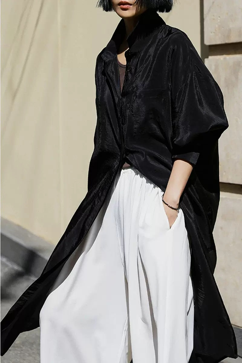 Damen Oversize Hemdblusen-Mantel mit Brusttasche, Seitenschlitz und fließender Leinenoptik Drune