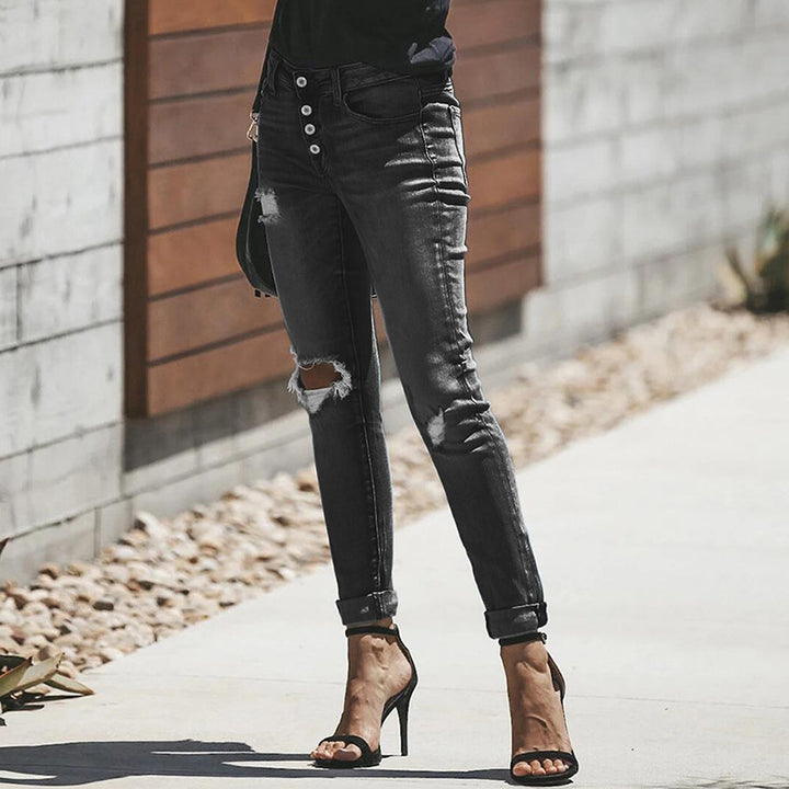 Damen Skinny-Jeans mit hoher Knopfleiste und lässigem Ripped-Used-Look Drune