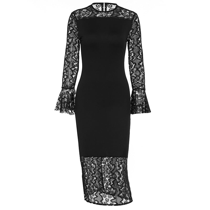 Damen elegantes Spitzenkleid mit weitem Arm und fließendem Saum Drune