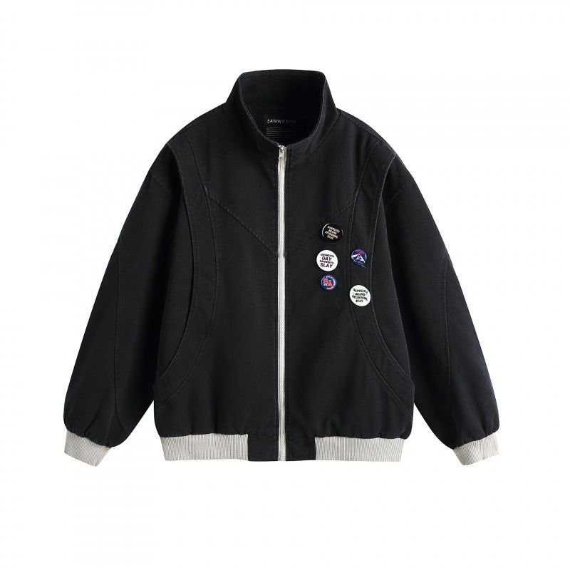Unisex Boxige leichte Bomberjacke mit Stehkragen, Frontreißverschluss und Badge‑Applikationen Drune