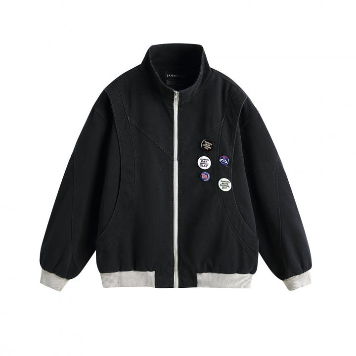 Unisex Boxige leichte Bomberjacke mit Stehkragen, Frontreißverschluss und Badge‑Applikationen Drune