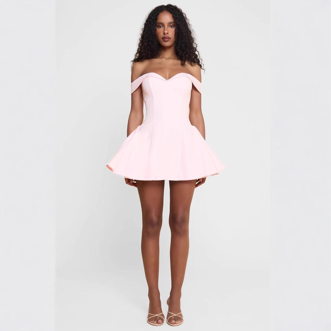 Damen nan kurzes schulterfreies A‑Linienkleid mit Herz‑Ausschnitt, taillierter Korsage und Eingrifftaschen Drune