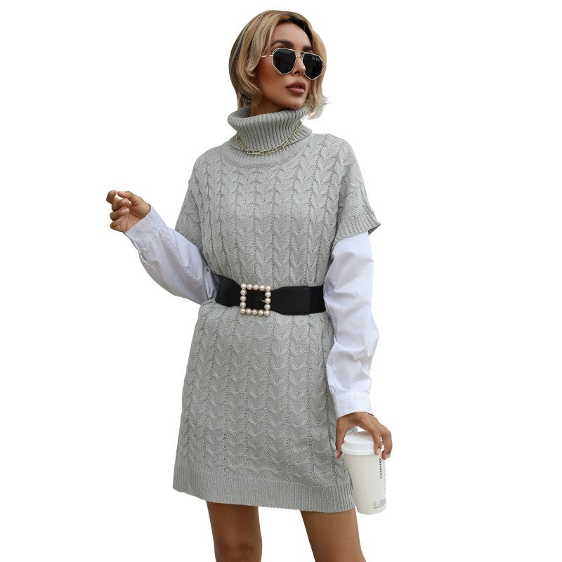 Damen Strickkleid mit Rollkragen, Zopfmuster und ärmelloser Tunika-Silhouette Drune