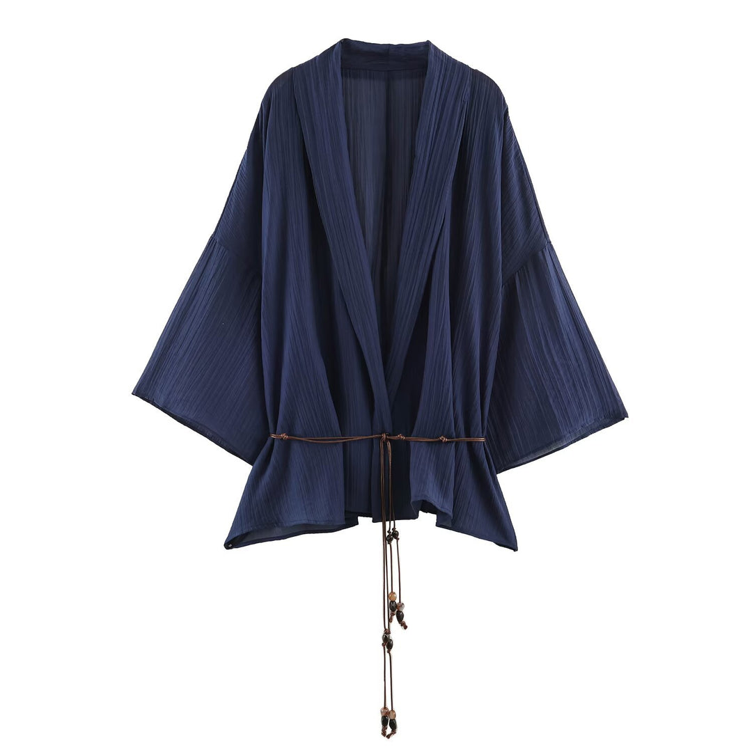 Damen Plissierter Oversize-Kimono mit Hüftkordel und Trompetenärmeln Drune