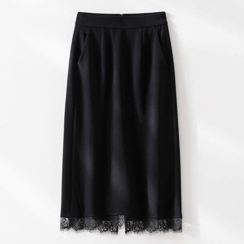 Damen Midirock aus Satin mit Spitzenbesatz und Seitentaschen Drune