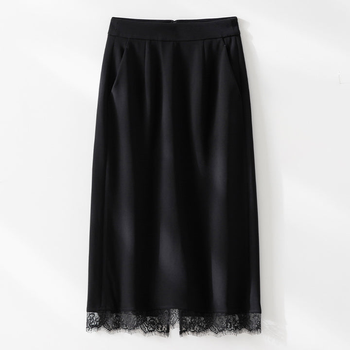 Damen Midirock aus Satin mit Spitzenbesatz und Seitentaschen Drune