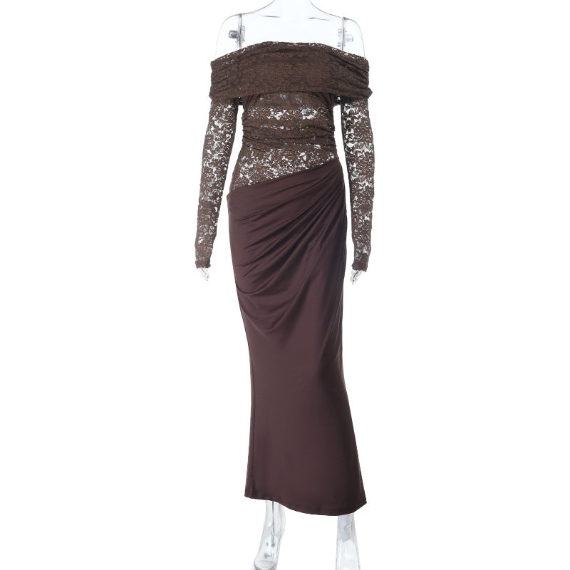 Damen Elegantes Abendkleid mit schulterfreiem Design und Spitzenärmeln Drune
