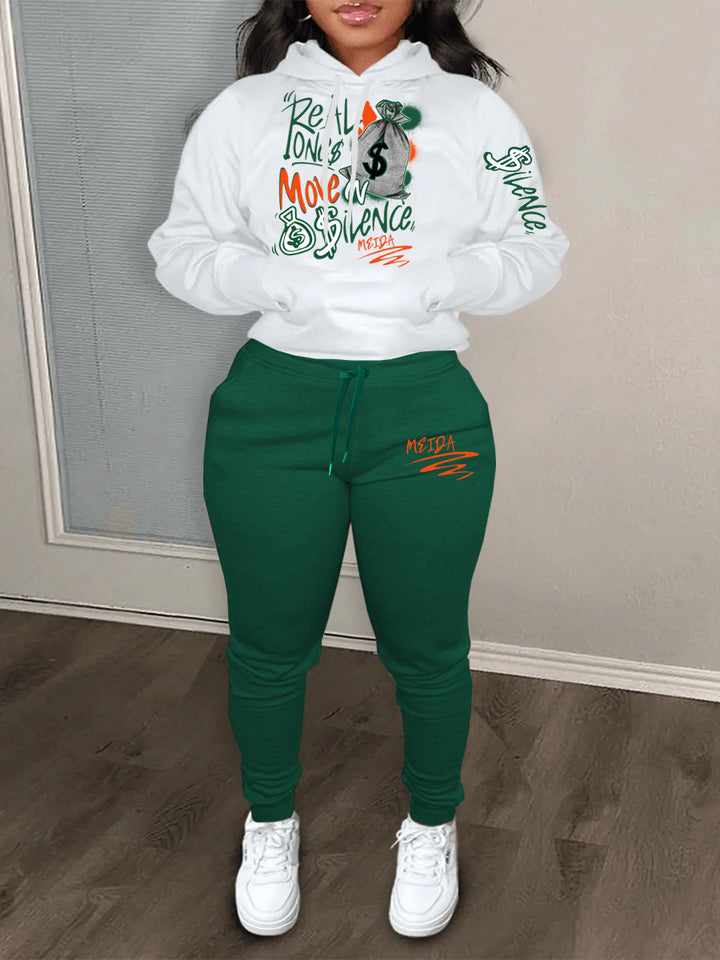 Damen Sportliches Hoodie und Jogginghose Set mit kreativem Grafikdruck Drune