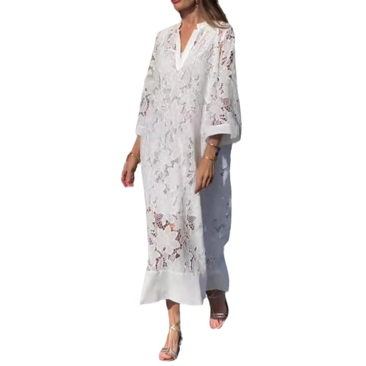 Damen nan luftiges Spitzen-Maxikleid mit floraler Ajourstickerei, lockerem Kimonoärmelschnitt und leichtem Unterkleid Drune