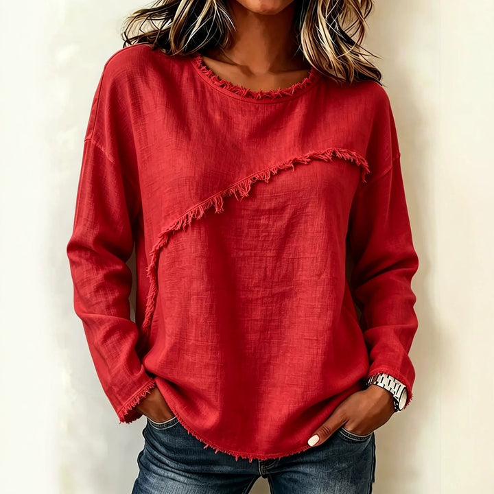 Damen Legeres Longsleeve mit diagonaler Fransenapplikation und ausgefranstem Rundhals Drune