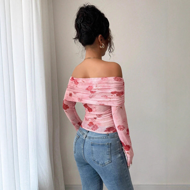 Damen nan schulterfreies gerafftes Langarm-Oberteil aus feinem Mesh mit floralem Print und taillierter Silhouette Drune