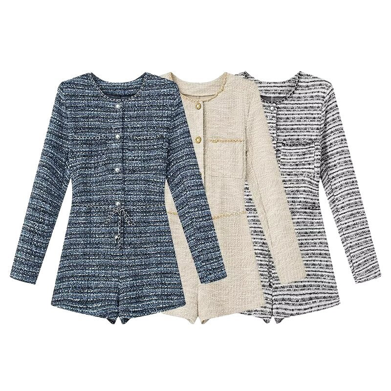 Damen Bouclé-Shorts-Overall mit taillierter Silhouette, Knopfleiste und Zierkette Drune
