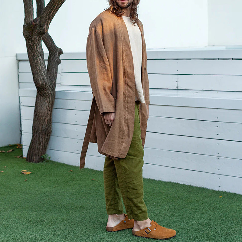 Herren Langer Leinen-Kimono-Mantel im Relaxed Fit mit Bindegürtel Drune
