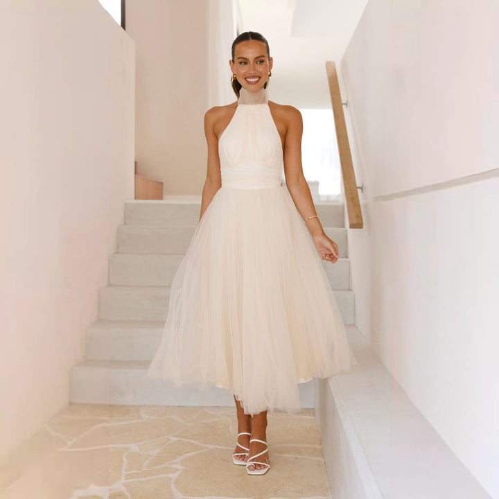Damen elegantes Hochzeitskleid mit fließendem Tüllrock und neckholder Design Drune