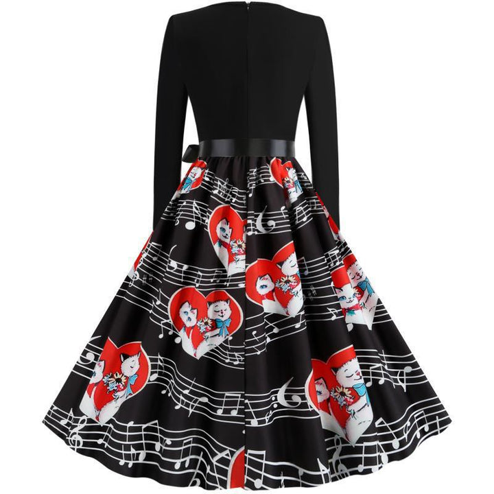 Damen Retro Swing-Kleid im Vintage-Stil mit A-Linie, langärmlig und Taillenschleife Drune