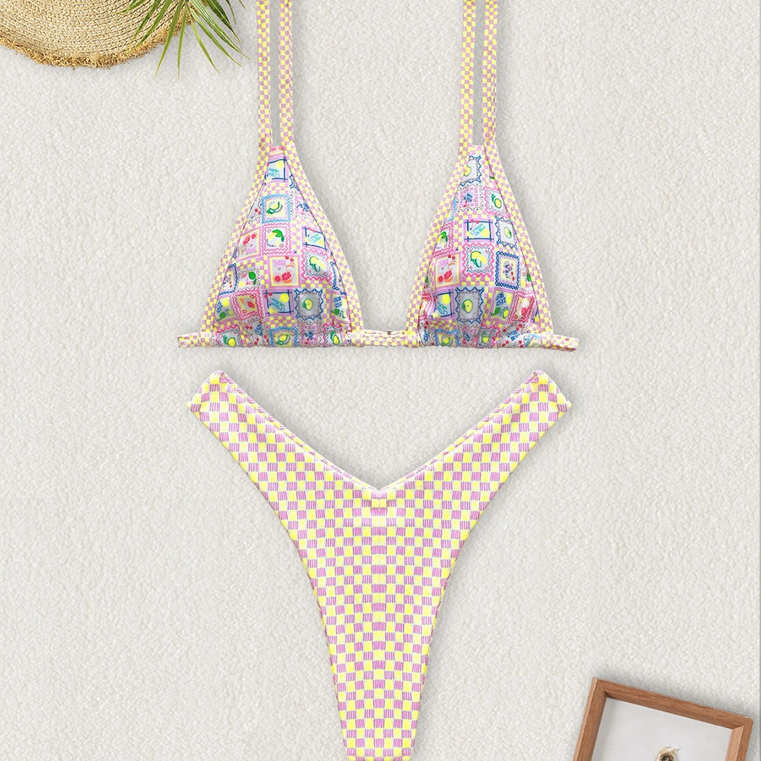 Damen Triangel-Bikini mit buntem Patchwork-Muster Drune
