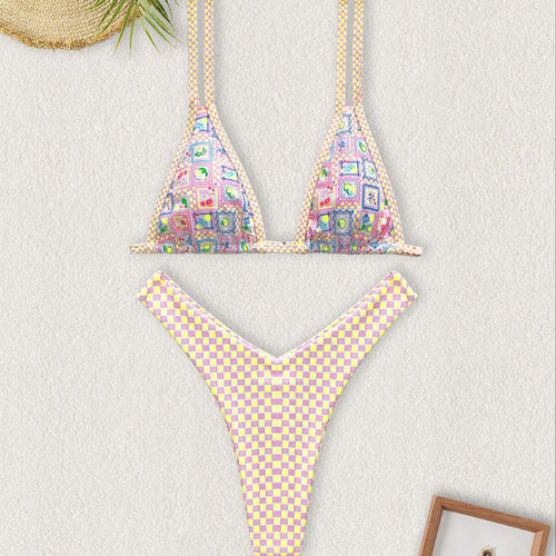Damen Triangel-Bikini mit buntem Patchwork-Muster Drune