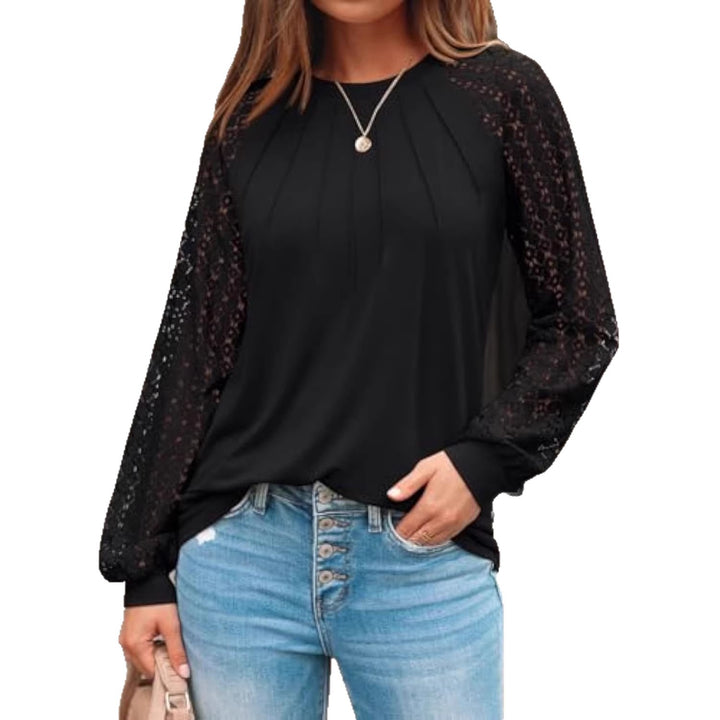 Damen Langarm-Bluse mit Spitzeneinsätzen und Kellerfalten Drune