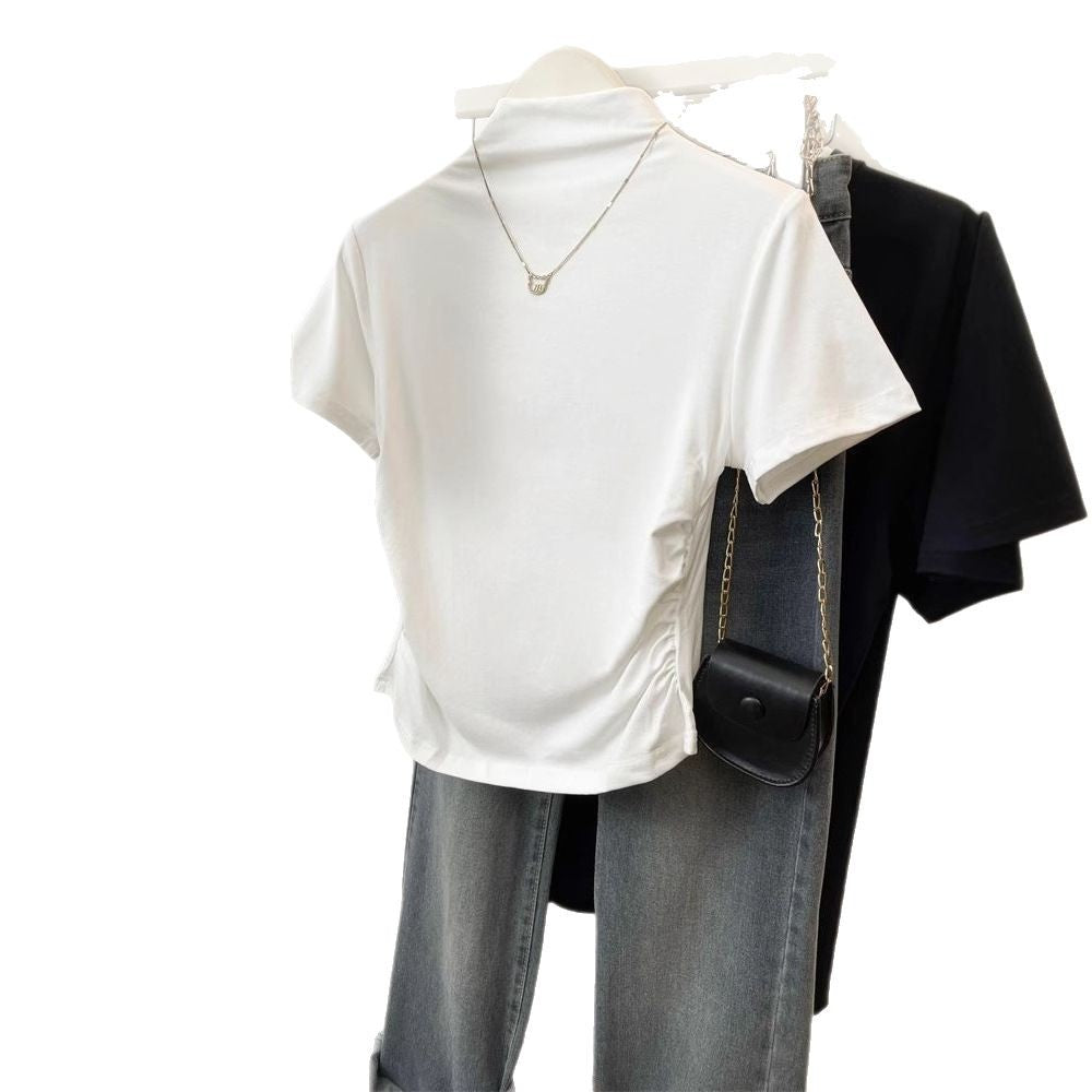 Damen figurbetontes T-Shirt mit Stehkragen und raffiniertem Rüschendetail