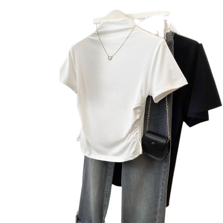 Damen figurbetontes T-Shirt mit Stehkragen und raffiniertem Rüschendetail
