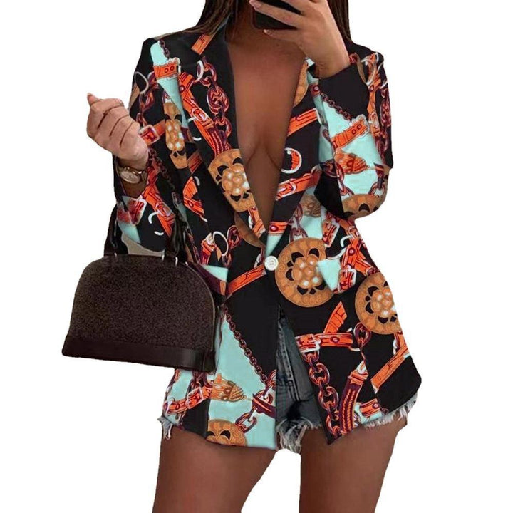 Damen Gemusterter Longline-Blazer mit Ein-Knopf-Verschluss und Seidentuch-Print Drune