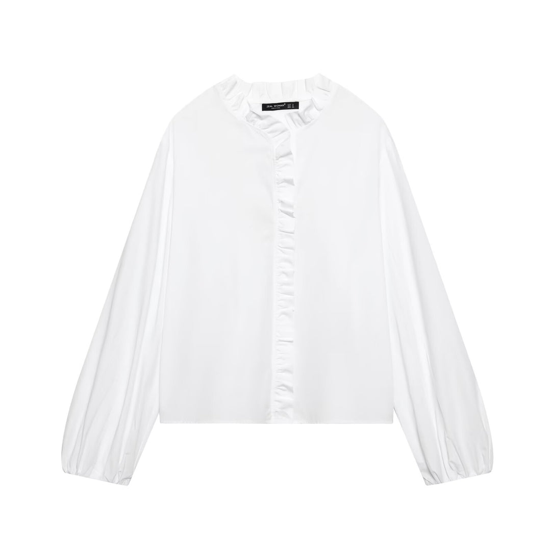 Damen Gestreifte Cropped-Bluse mit Rüschendetail und Ballonärmeln Drune