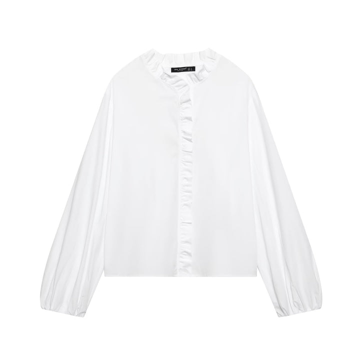 Damen Gestreifte Cropped-Bluse mit Rüschendetail und Ballonärmeln Drune