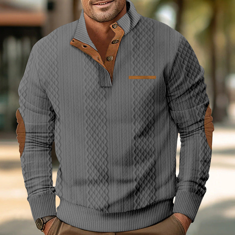 Herren nan strukturierter Stehkragen-Pullover mit halber Knopfleiste und Ellbogen-Patches Drune