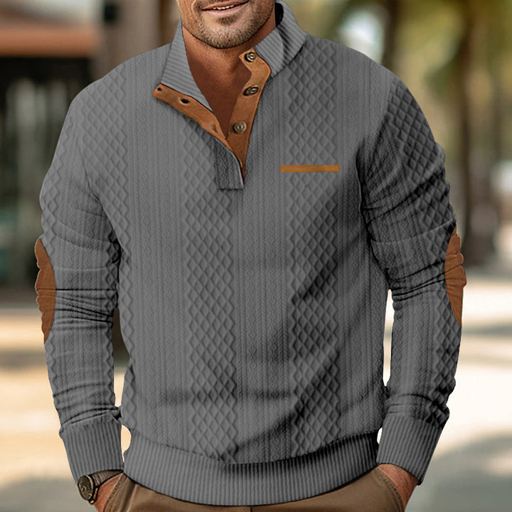 Herren nan strukturierter Stehkragen-Pullover mit halber Knopfleiste und Ellbogen-Patches Drune