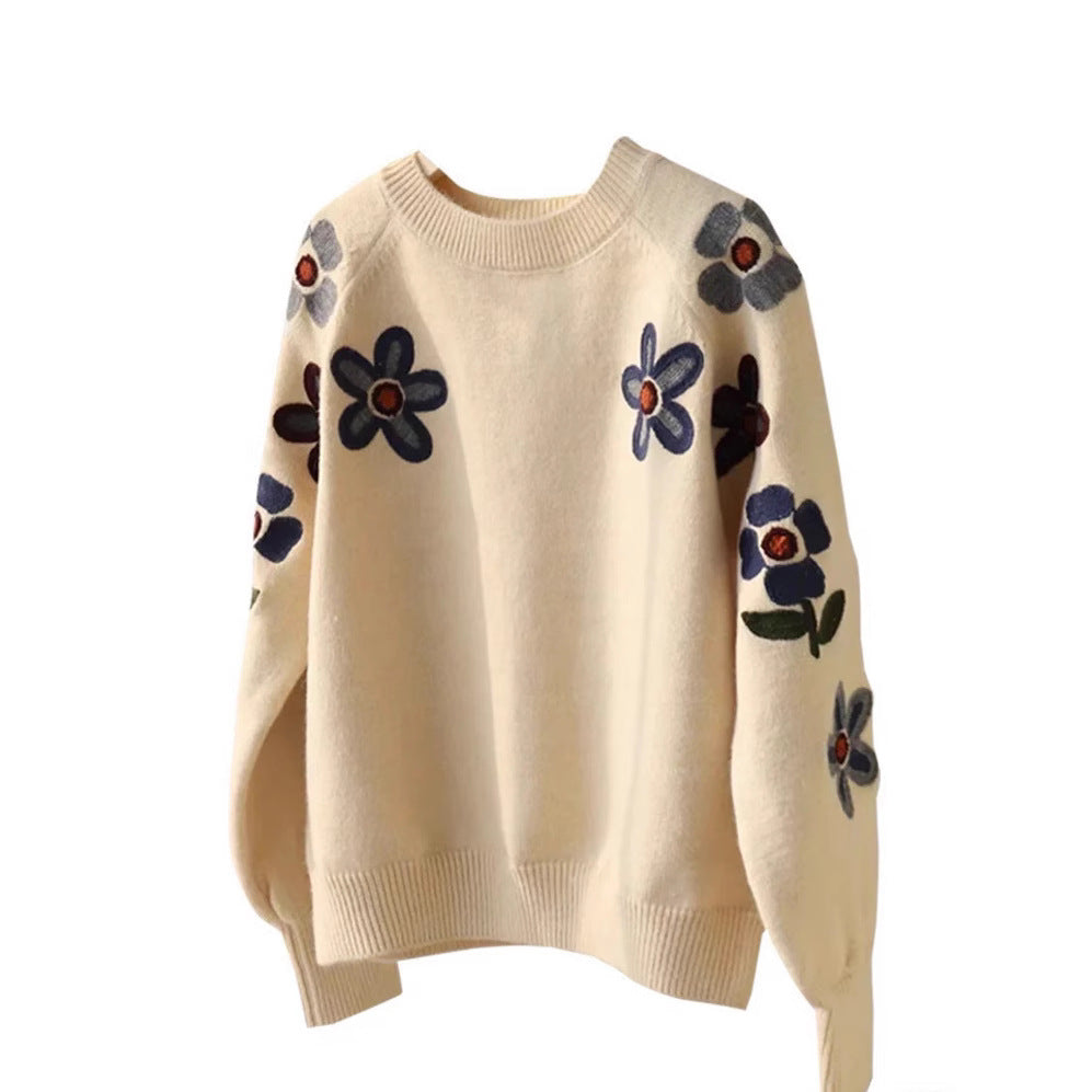 Damen Eleganter Strickpullover mit floralem Stickdesign und lässigem Schnitt Drune