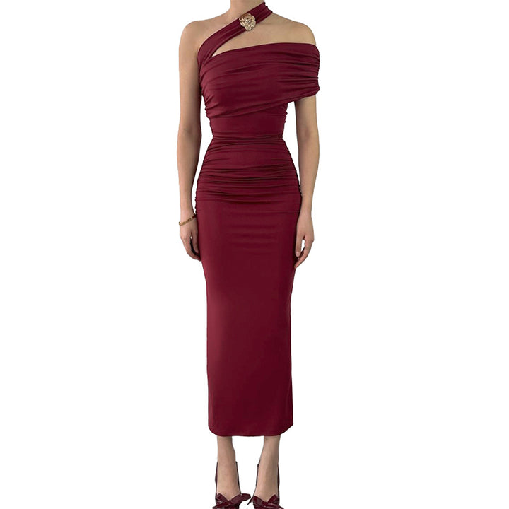 Damen Elegantes Rüschen-Maxikleid mit asymmetrischem Träger Drune