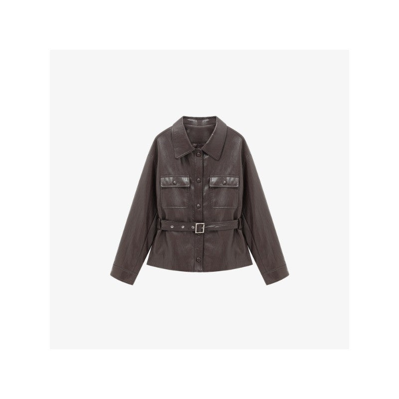 Damen Lederjacke im Oversize-Utility-Stil mit Taillengürtel Drune