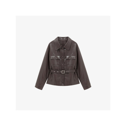 Damen Lederjacke im Oversize-Utility-Stil mit Taillengürtel Drune