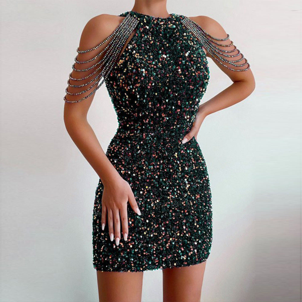 Damen Mini-Kleid mit glänzender Paillettenverzierung und eleganten Kettenärmel Drune