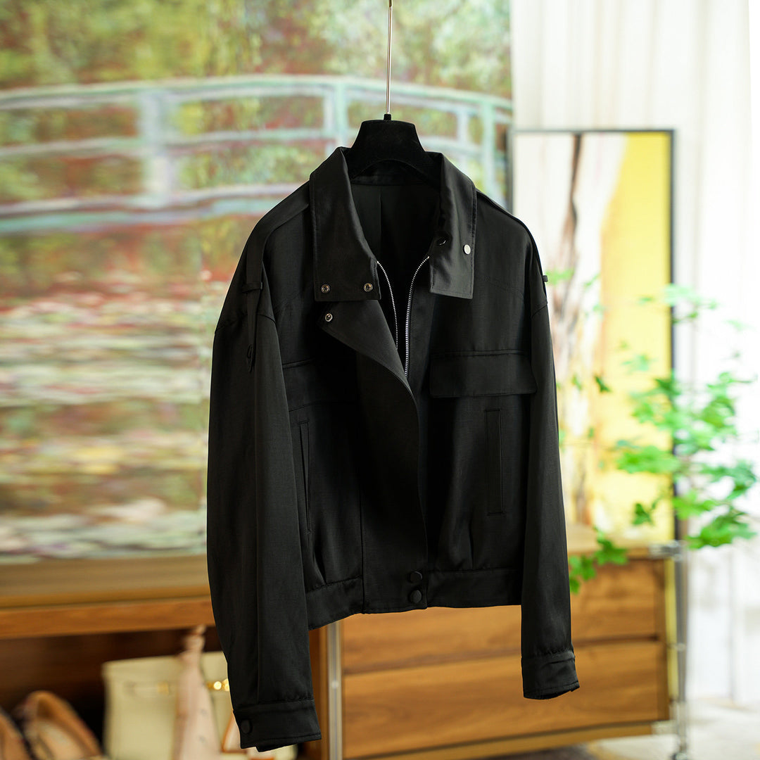 Damen elegante Utility-Jacke mit hohem Kragen Drune