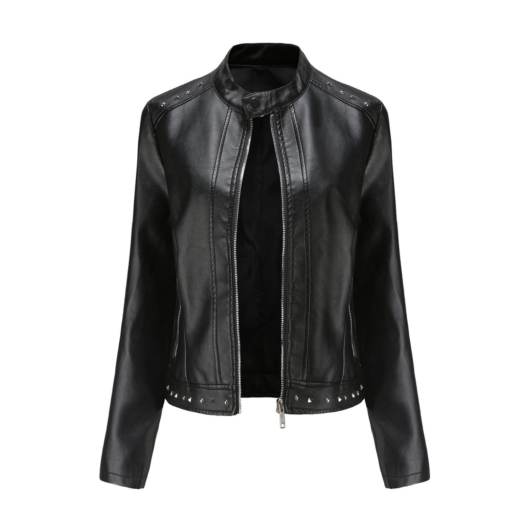 Damen nan kurze taillierte Kunstlederjacke mit Stehkragen Zwei-Wege-Reißverschluss und Ziernietensaum Drune