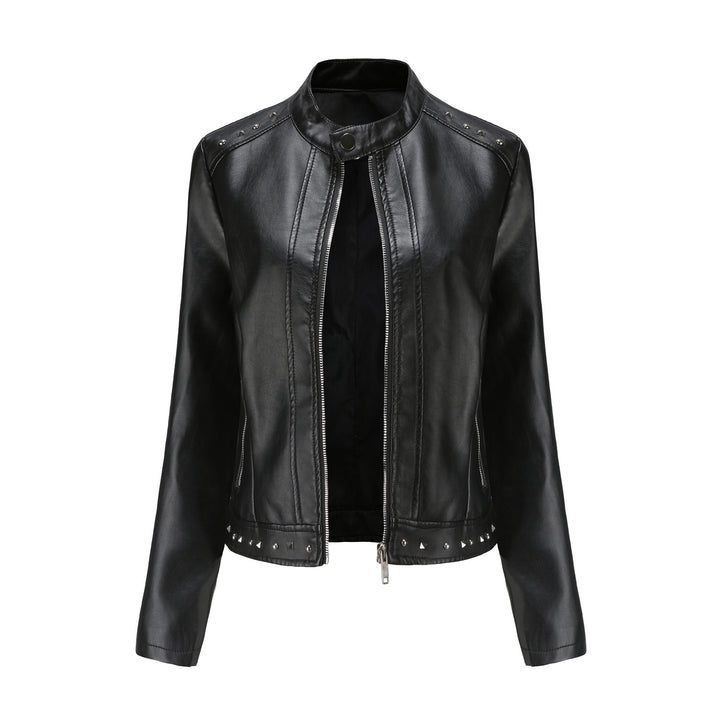 Damen nan kurze taillierte Kunstlederjacke mit Stehkragen Zwei-Wege-Reißverschluss und Ziernietensaum Drune
