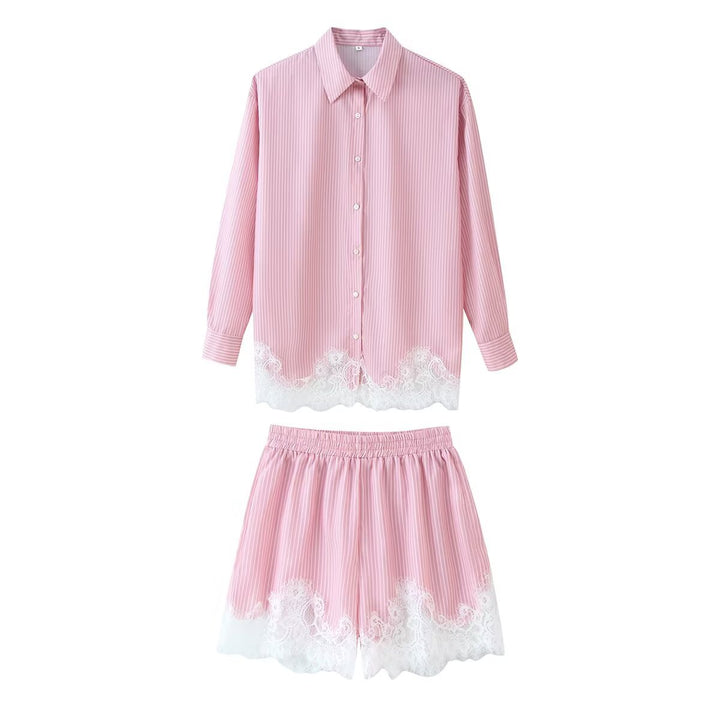 Damen Zweiteiliges Satin-Schlafanzug-Set mit Spitzenbesatz und Hemdjacke Drune