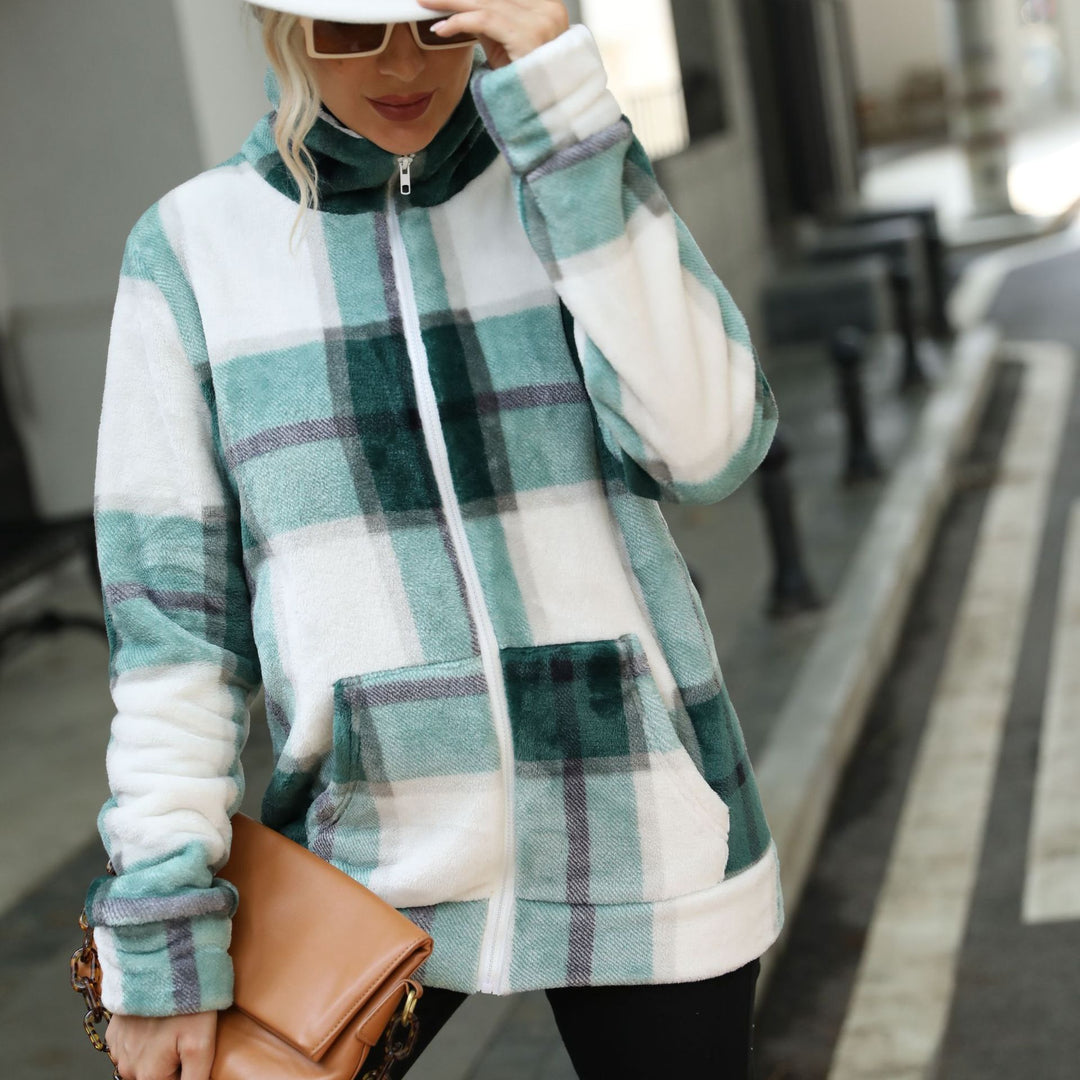 Damen Fleecejacke mit modernem Karomuster und hohen Kragen Drune